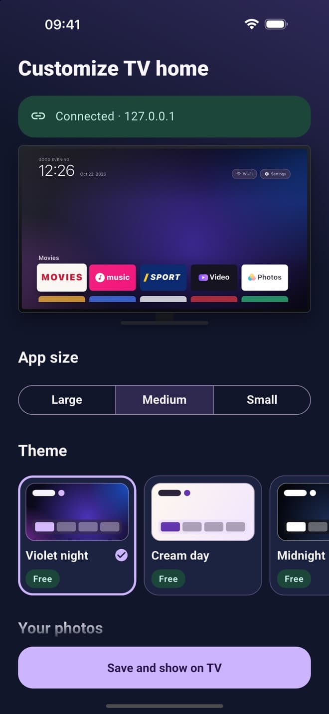 TV Cleaner's Customize TV home screen with a live preview, app size and theme choices