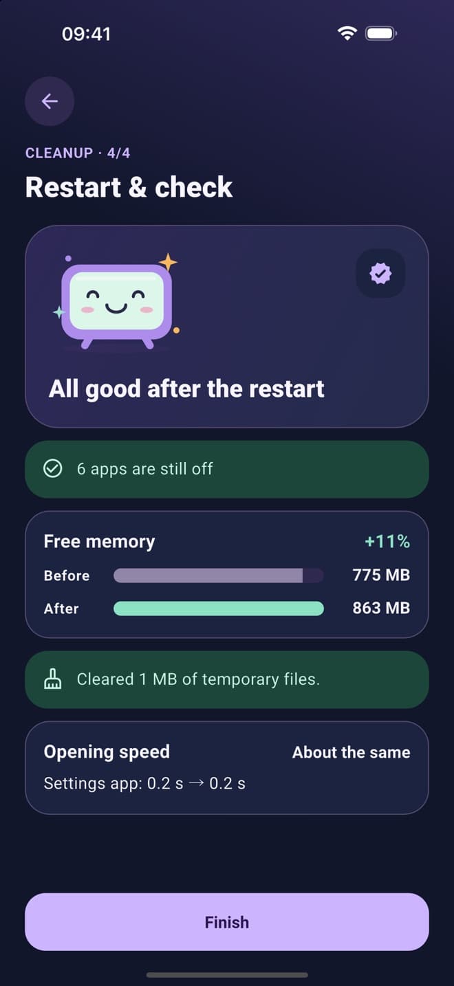 TV Cleaner's Restart & check screen: all good after the restart, free memory up 11%