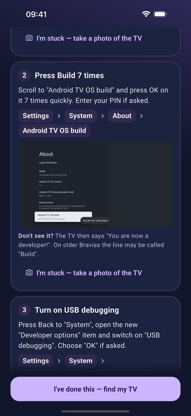 TV Cleaner's setup guide with pictures of the TV's Settings menus