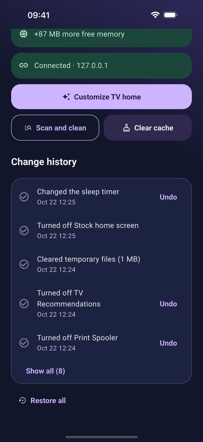 TV Cleaner's change history: every change listed with an Undo button, and Restore all at the bottom