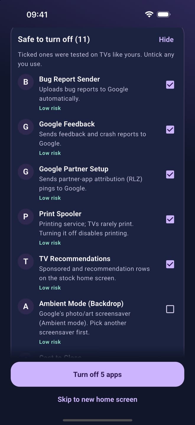 TV Cleaner listing apps that are safe to turn off, each with a plain-language description