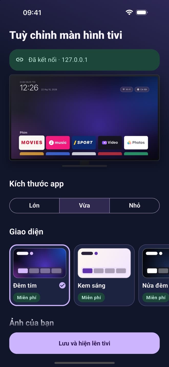 Màn hình Tùy chỉnh màn hình chính tivi của TV Cleaner với bản xem trước, cỡ ứng dụng và giao diện