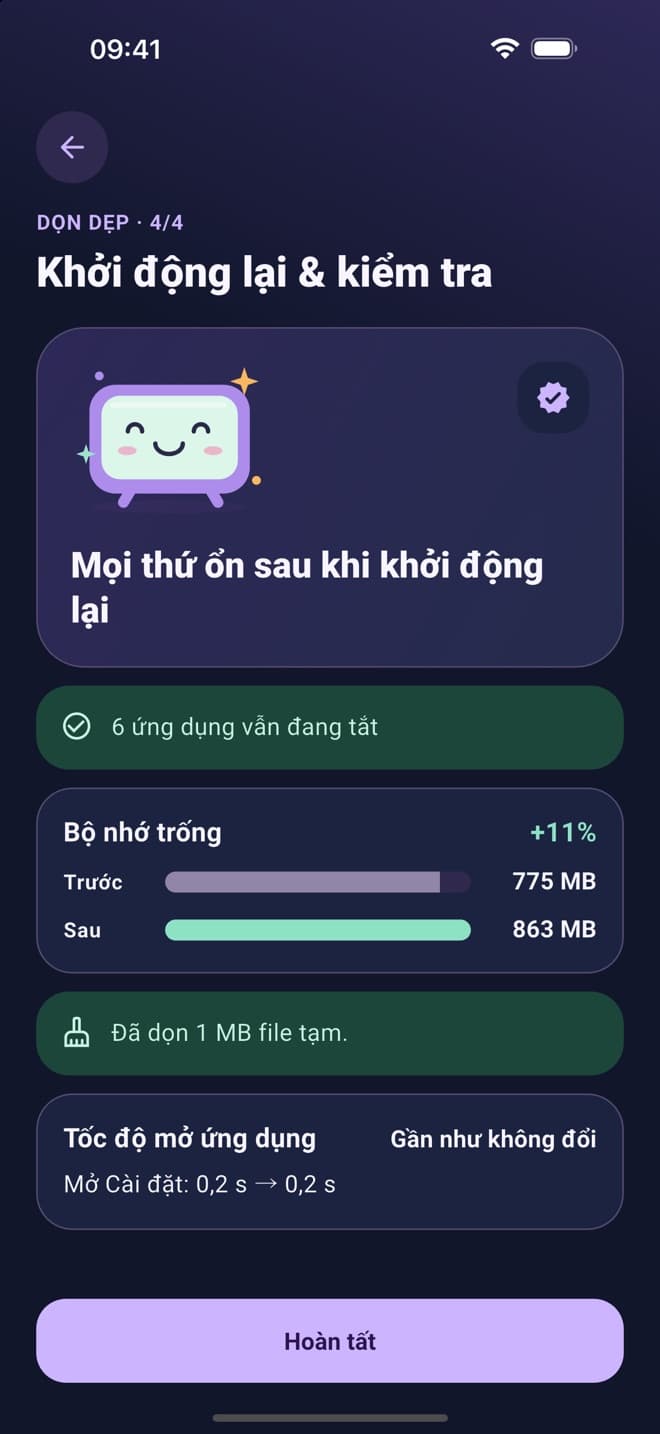Màn hình Khởi động lại & kiểm tra của TV Cleaner: mọi thứ ổn sau khi khởi động lại, bộ nhớ trống tăng 11%