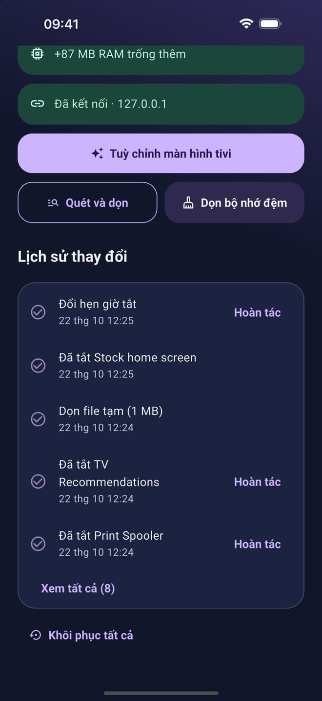 Lịch sử thay đổi của TV Cleaner: mỗi thay đổi có nút Hoàn tác, và nút Khôi phục tất cả ở cuối